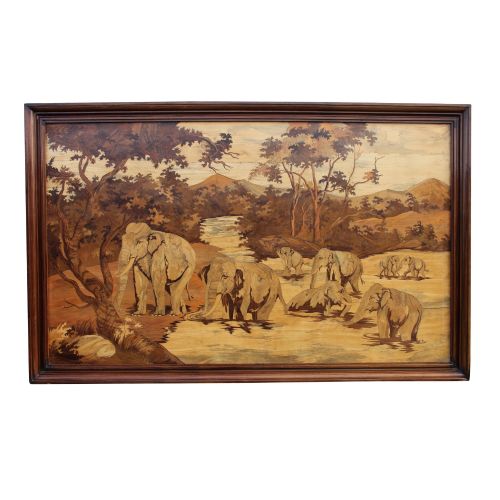 Large Indian Elephant Marquetry Panel C. 1900