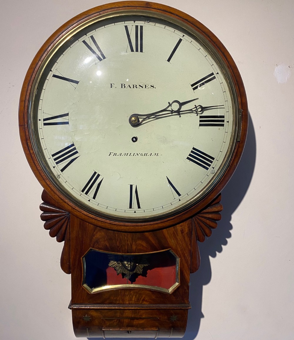 Mahogany Fusee Wall Clock By Frederick Barnes, Framlingham Traded From Market Hill c. 1840