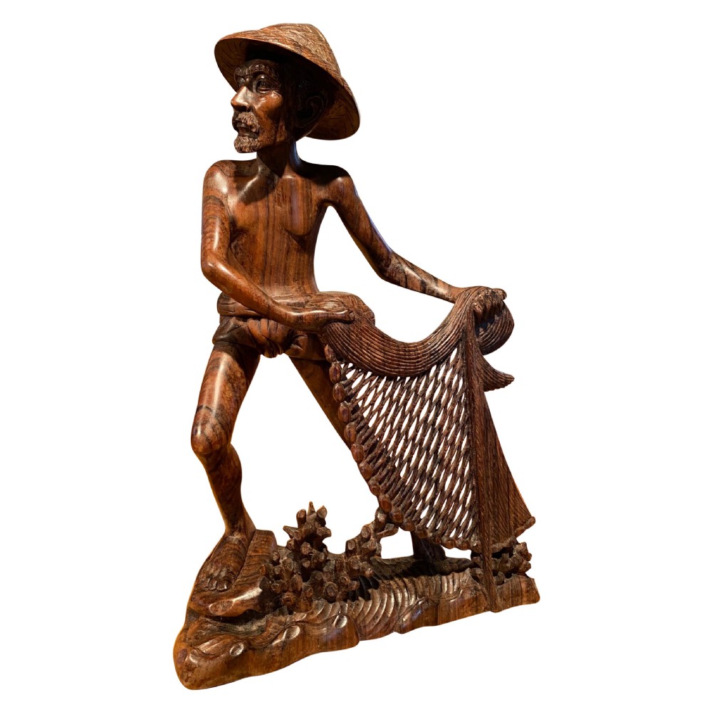 Beautifully Carved Paduk Oriental Fisherman c. 1920