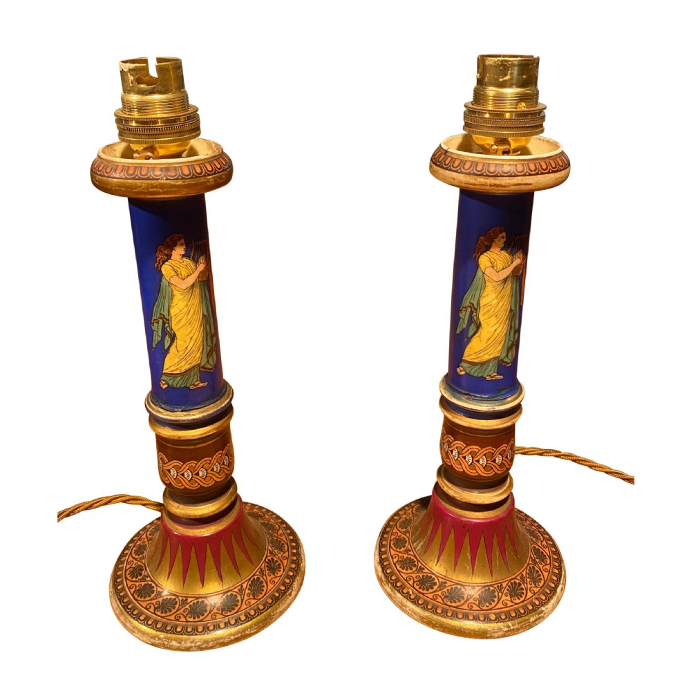 Pair Of 19th Century Beautifully Decorated Porcelain Table Or Bedside Lamps