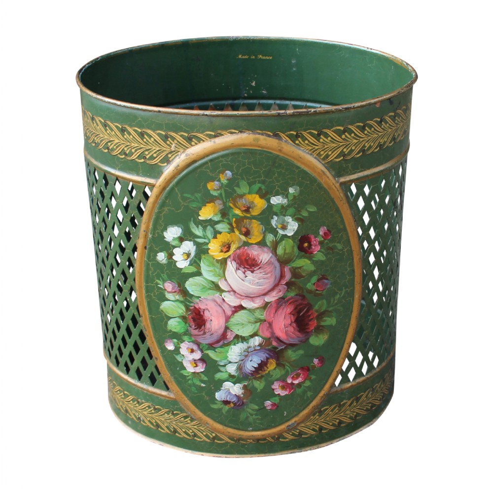 Early 20th Century French Hand Decorated Toleware Waste Paper Bin
