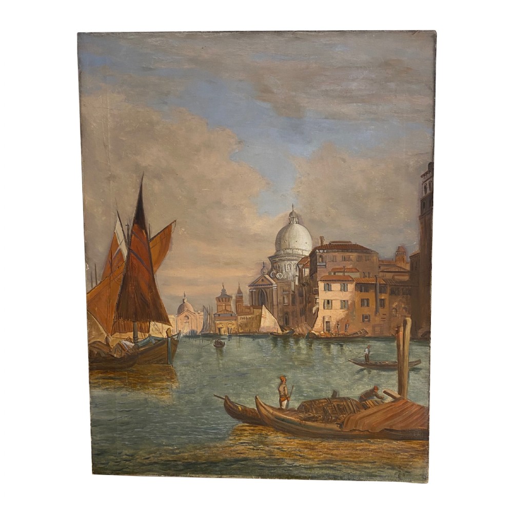 A large vertical oil painting depicting a view of the Grand Canal in Venice featuring traditional boats and architecture under a cloudy sky.