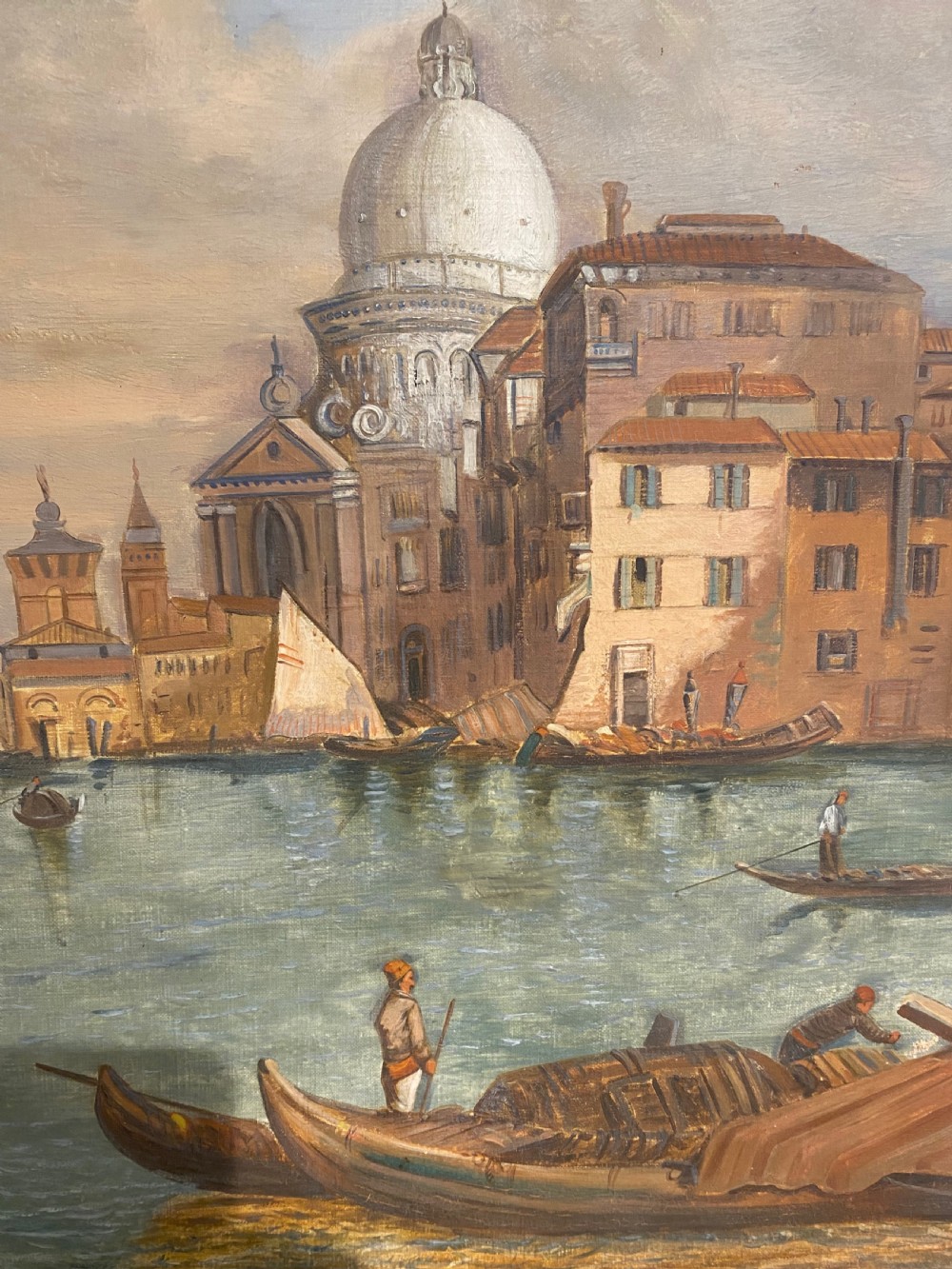 A large vertical oil painting depicting a view of the Grand Canal in Venice featuring traditional boats and architecture under a cloudy sky. View II