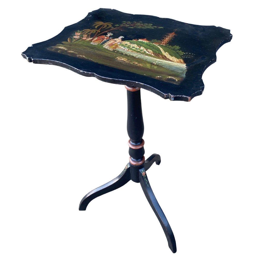 A 19th-century black lacquered tripod side table with a shaped rim hand-painted with an East Asian pagoda landscape scene, supported by a turned column and three splayed legs. View IV