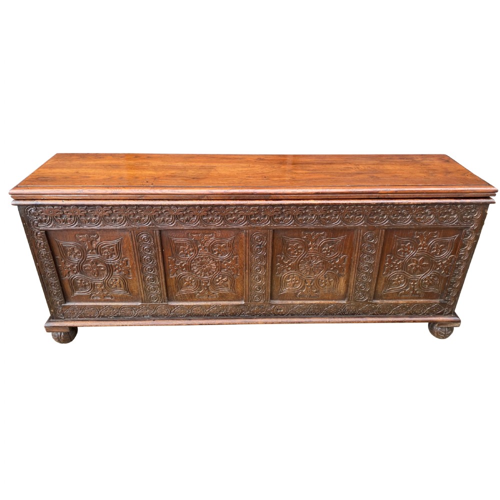 19th Century Anglo Indian Beautifully Carved Narrow Trunk Constructed With Late 18th Or Early 19th Century Panelling