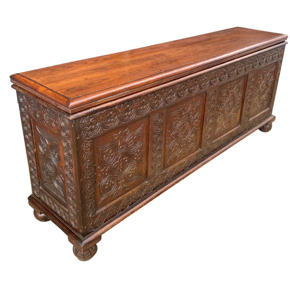 19th Century Anglo Indian Beautifully Carved Narrow Trunk Constructed With Late 18th Or Early 19th Century Panelling View II