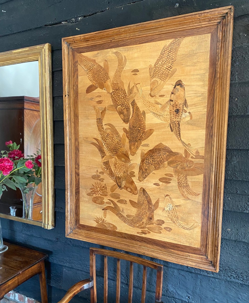 Exceptional Large Antique Southern Indian Marquetry Panel c. 1900 Koi Carp