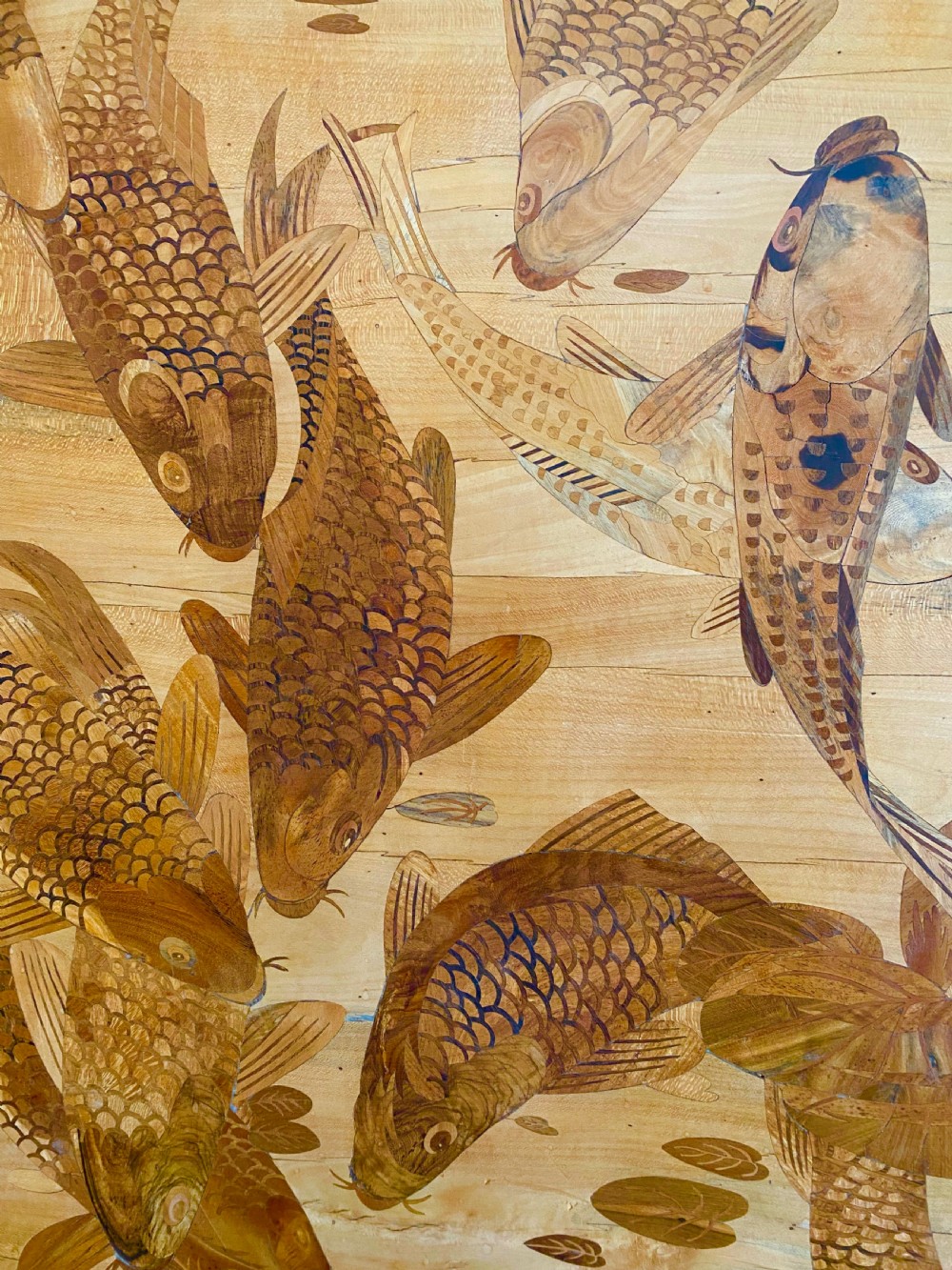 Exceptional Large Antique Southern Indian Marquetry Panel c. 1900 Koi Carp View II