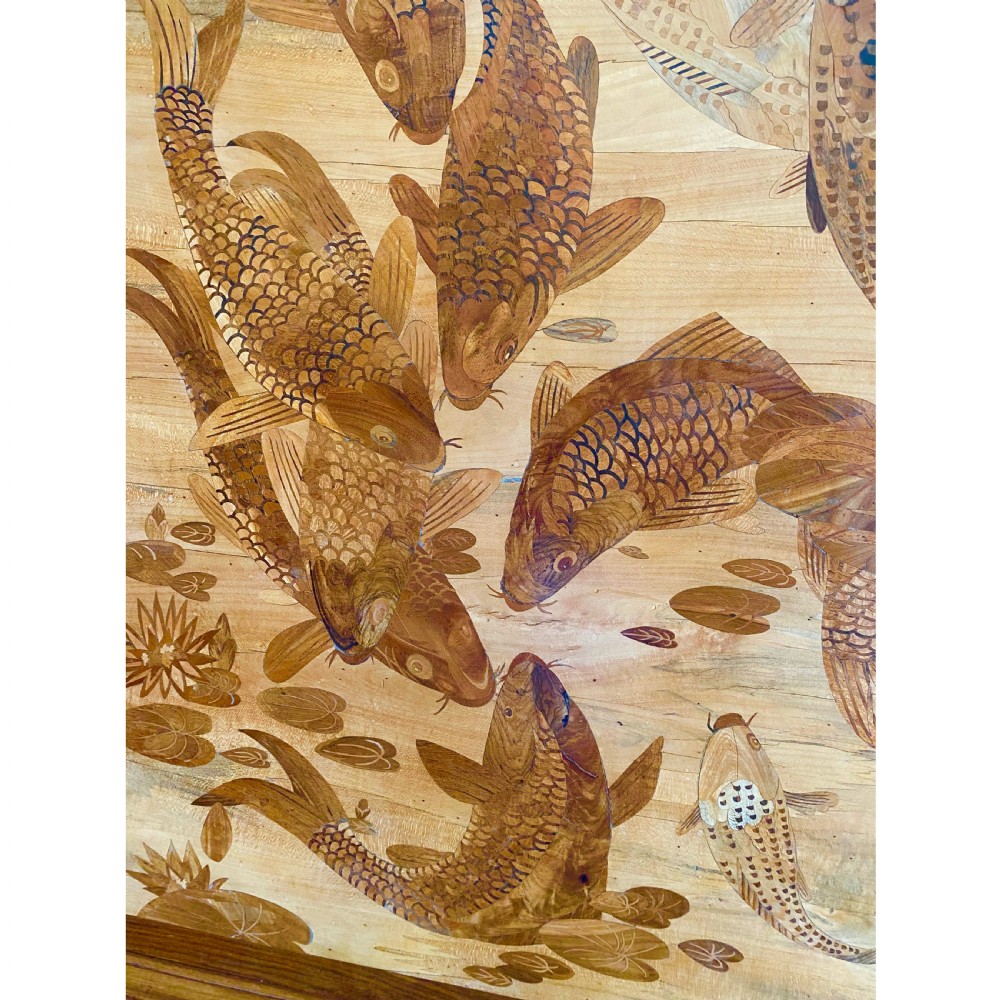 Exceptional Large Antique Southern Indian Marquetry Panel c. 1900 Koi Carp View III