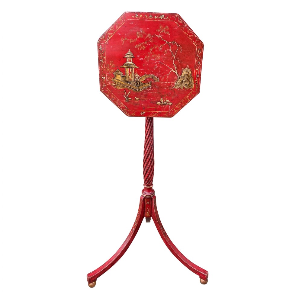 19th Century Chinoiserie Red Lacquer Wine Table / Candle Stand View III