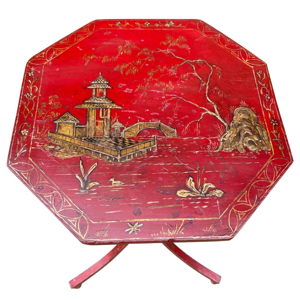 19th Century Chinoiserie Red Lacquer Wine Table / Candle Stand View VI