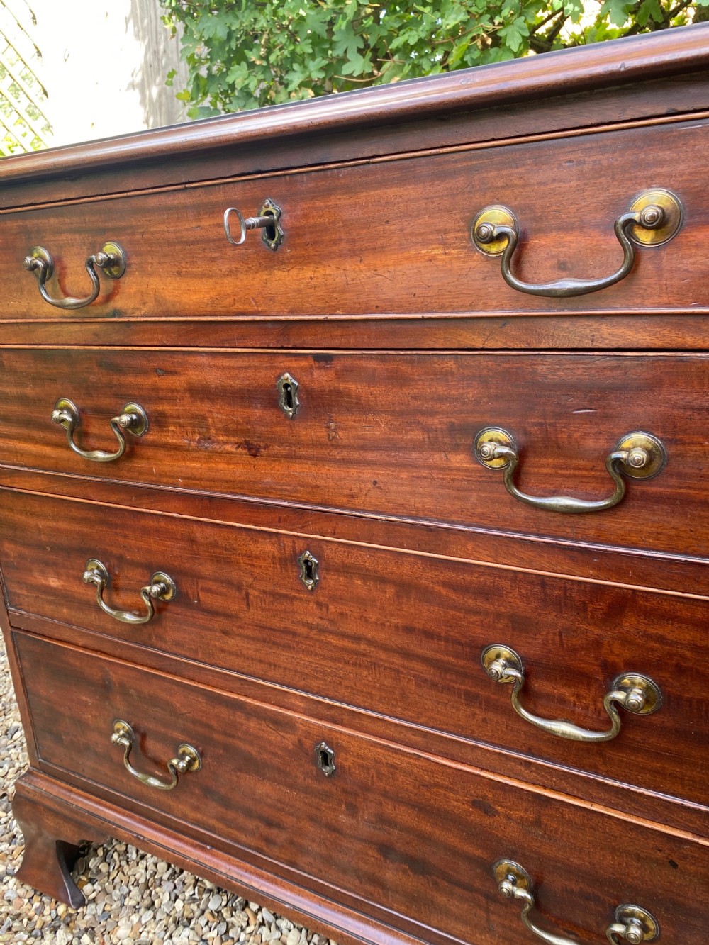 Georgian Solid Mahogany Chest Of Drawers Of Small Proportions With Ogee Feet & Swan Neck Handles View II