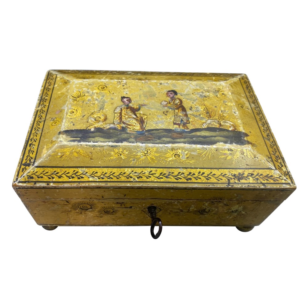 A rectangular yellow Georgian lacquer box adorned with hand-painted chinoiserie figures on the hinged lid and elevated on small ball feet. View II