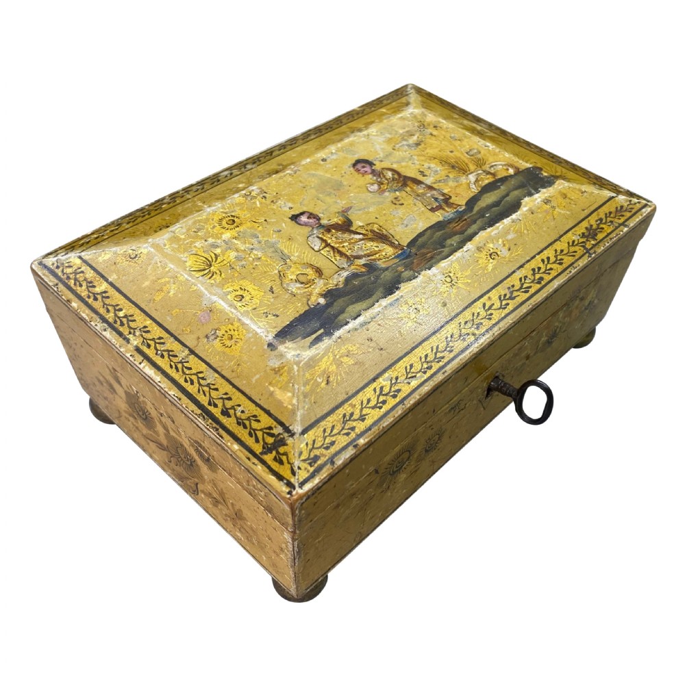 A rectangular yellow Georgian lacquer box adorned with hand-painted chinoiserie figures on the hinged lid and elevated on small ball feet. View III