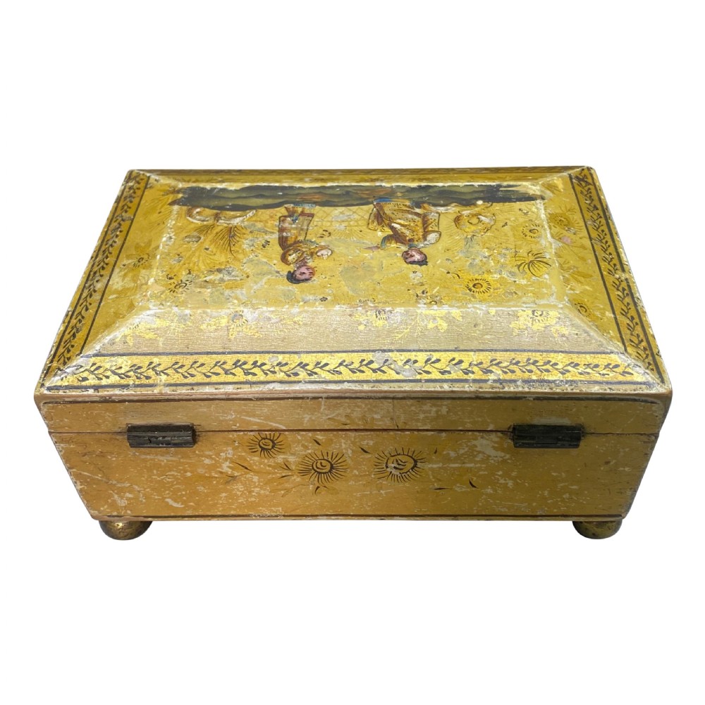 A rectangular yellow Georgian lacquer box adorned with hand-painted chinoiserie figures on the hinged lid and elevated on small ball feet. View V