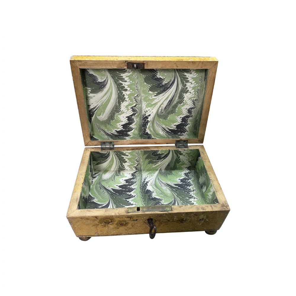 A rectangular yellow Georgian lacquer box adorned with hand-painted chinoiserie figures on the hinged lid and elevated on small ball feet. View VI