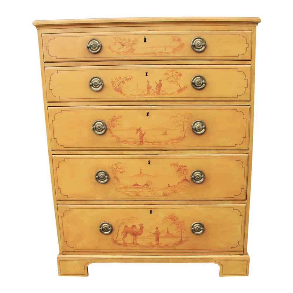 George II Solid Mahogany Chest Of Drawers Beautifully Decorated With Oriental Scenes
