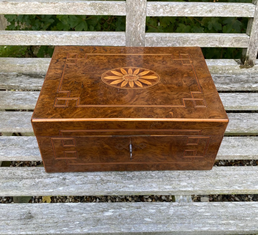 Beautifully Inlaid 19th Century Burr Oak & Maple Sewing Box With Fitted Interior & Working Lock