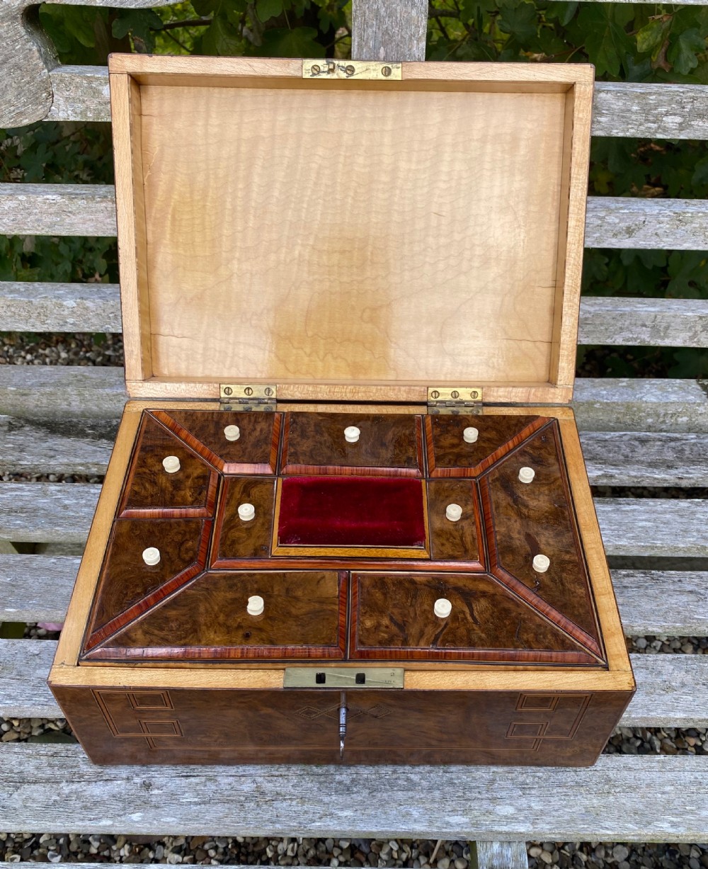 Beautifully Inlaid 19th Century Burr Oak & Maple Sewing Box With Fitted Interior & Working Lock View II