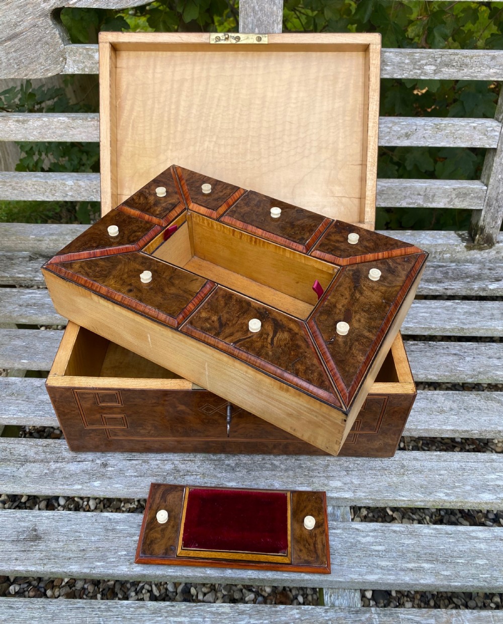 Beautifully Inlaid 19th Century Burr Oak & Maple Sewing Box With Fitted Interior & Working Lock View IV