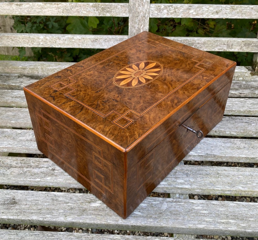Beautifully Inlaid 19th Century Burr Oak & Maple Sewing Box With Fitted Interior & Working Lock View V