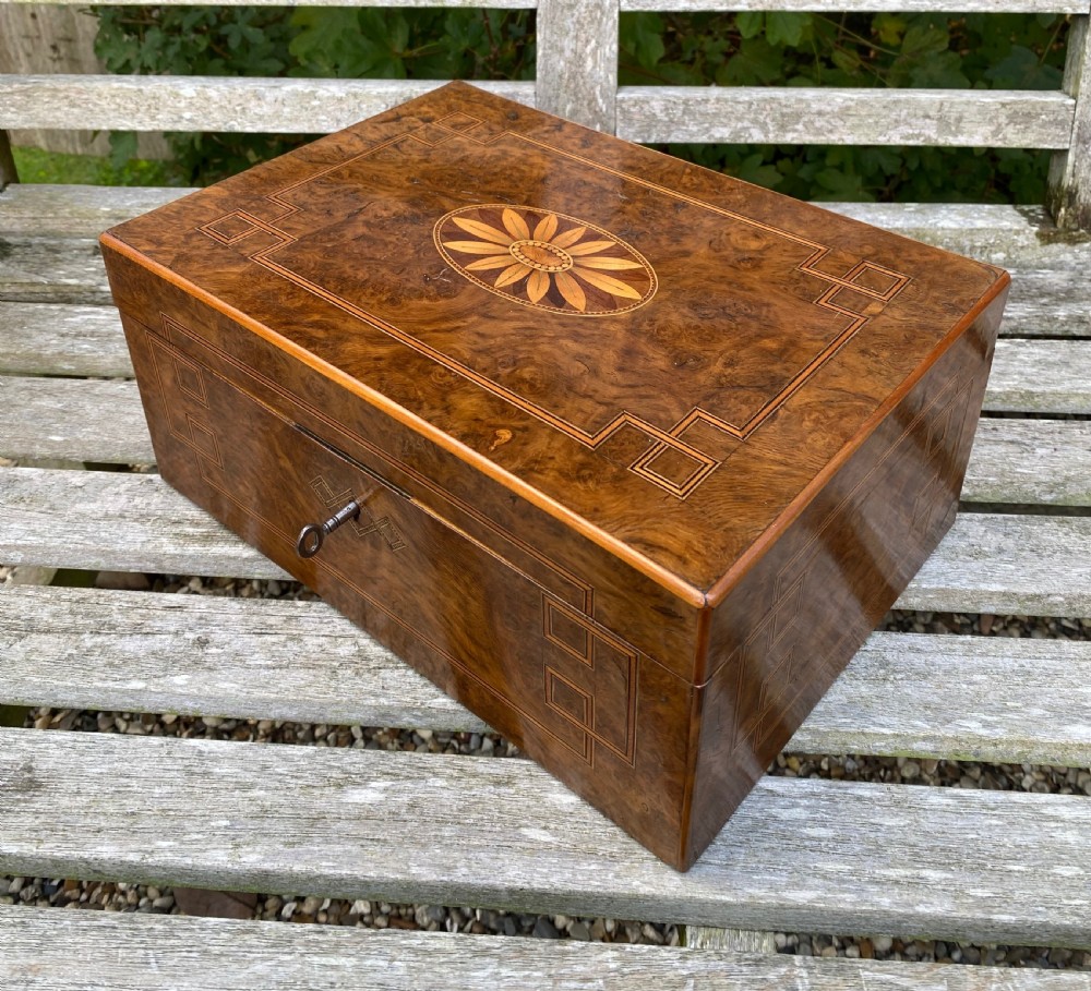 Beautifully Inlaid 19th Century Burr Oak & Maple Sewing Box With Fitted Interior & Working Lock View VI