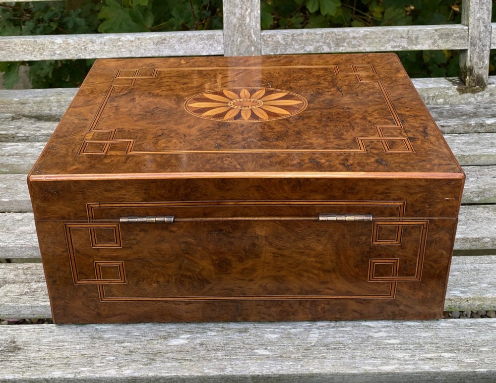 Beautifully Inlaid 19th Century Burr Oak & Maple Sewing Box With Fitted Interior & Working Lock View VII