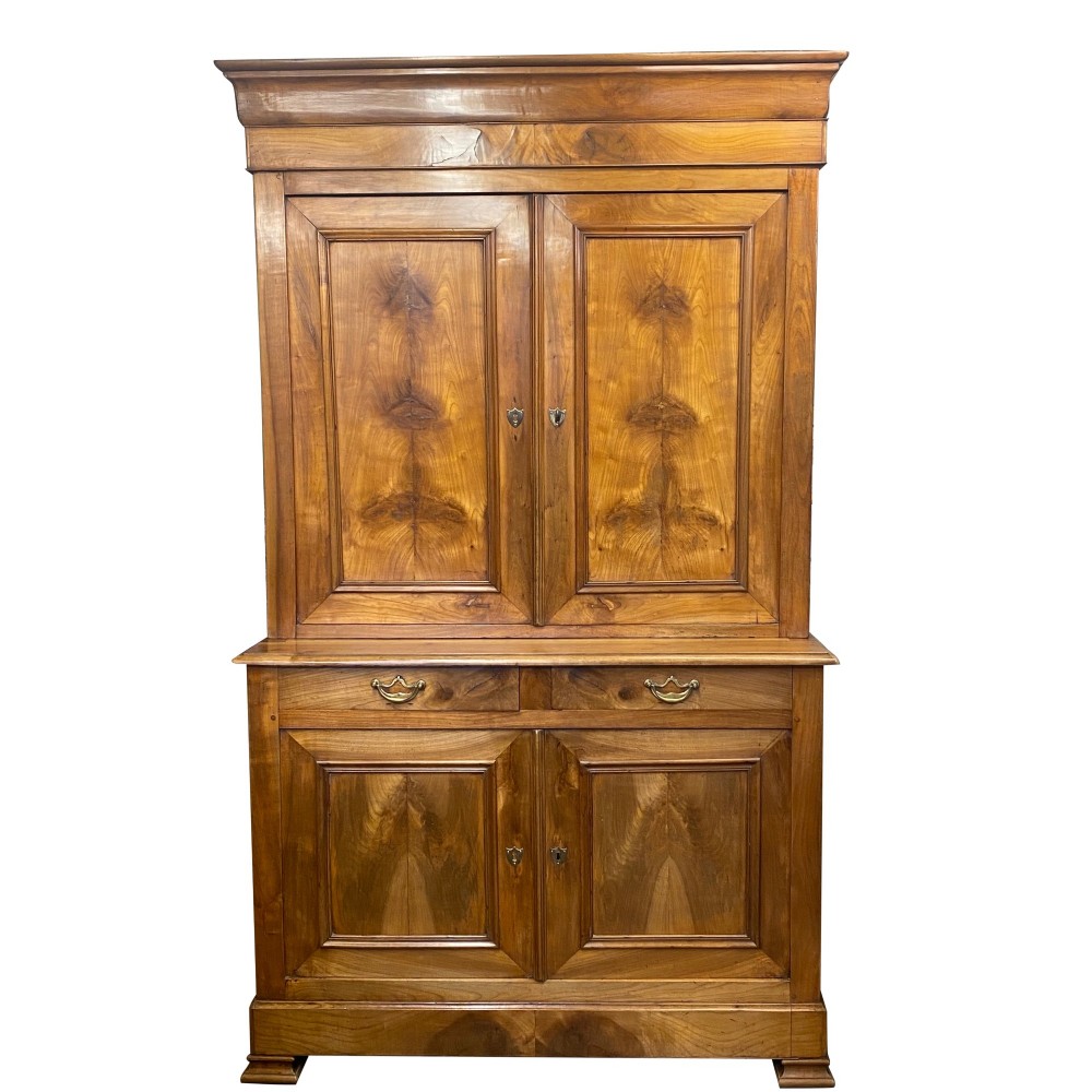 19th Century French Solid Cherry Wood Two Part Housekeeper’s Cupboard / Storage Cabinet