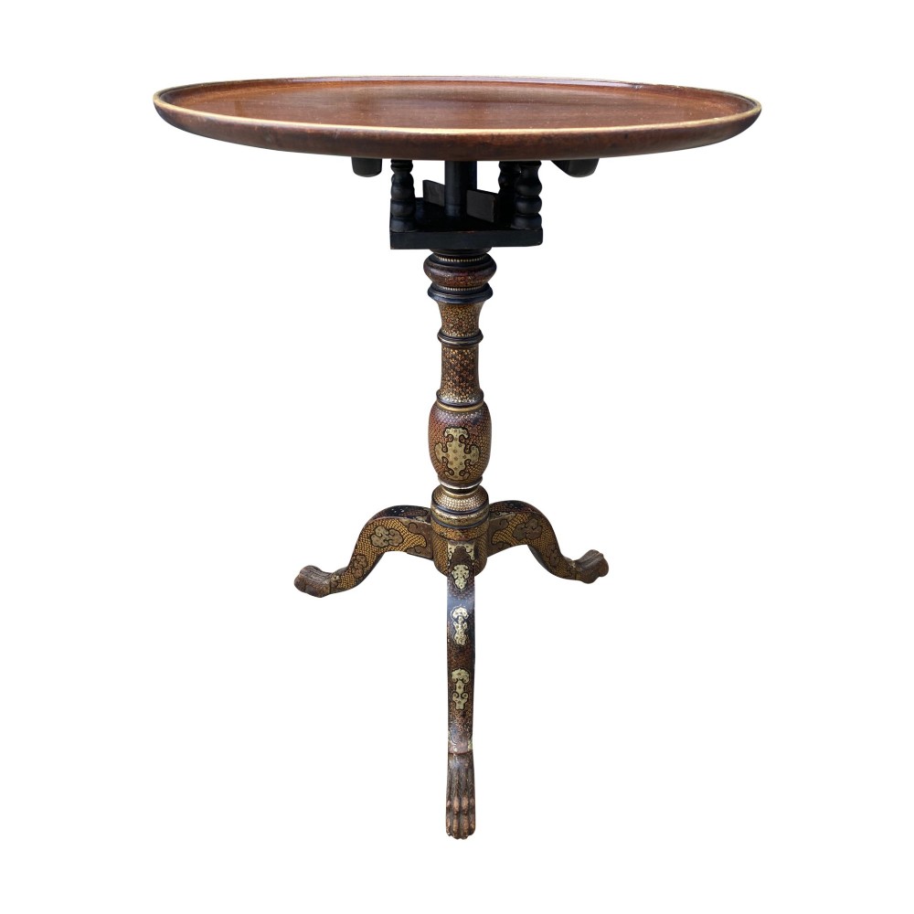 An Anglo-Indian tripod side table featuring an oval tray top supported by an intricately lacquered turned column and three cabriole legs. View IV