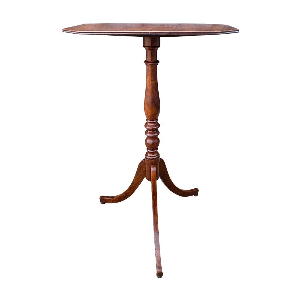 A 19th-century mahogany and cherry wine table featuring an octagonal top with an inlaid central panel, a turned stem, and three tripod legs. View IV
