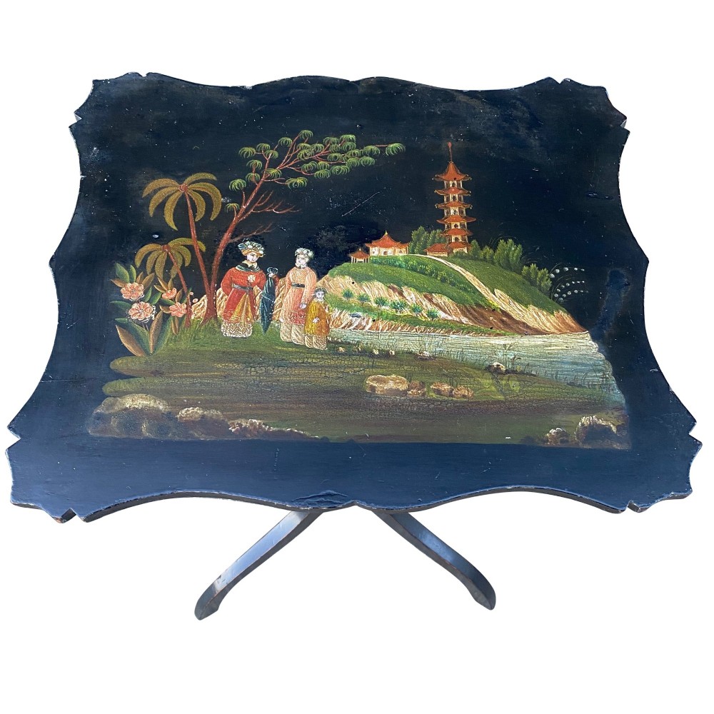 A black lacquered tripod side table featuring a shaped top decorated with a hand-painted Chinoiserie landscape scene resting on a turned column pedestal. View III