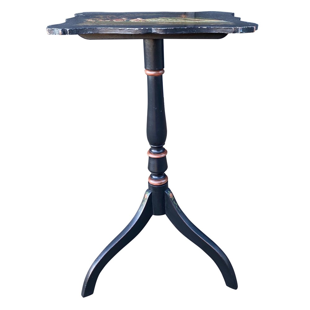 A black lacquered tripod side table featuring a shaped top decorated with a hand-painted Chinoiserie landscape scene resting on a turned column pedestal. View IV