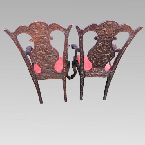 EXCEPTIONAL ANTIQUE CHINESE QING DYNASTY CARVED ORIENTAL DRAGON ARM CHAIRS - ADDITIONAL PHOTO 2