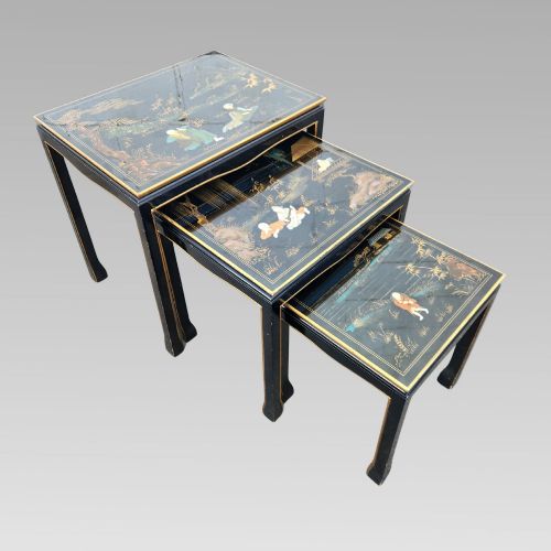 fig 1. Exceptional Hand Painted Enamel Chinoiserie Oriental Black Lacquer Nest of Three Tables