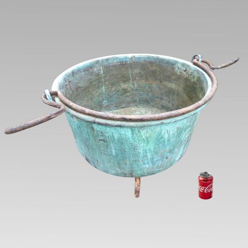 Huge Original Antique Copper Garden Planter on Wrought Iron Stand W/ Verdigris