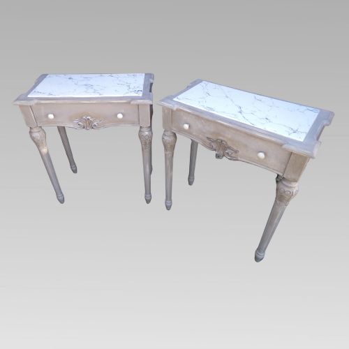 Original Quality Marble Inset Distressed Pair French Bedside or Console Tables