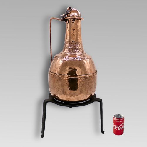 Large Rare Decorative Antique Polished Copper Turkish Ewer Water Jug Iron Stand