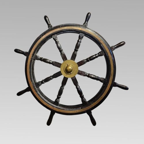 Fabulous Original Large Antique Late 19th Century Brass & Oak Ships Wheel
