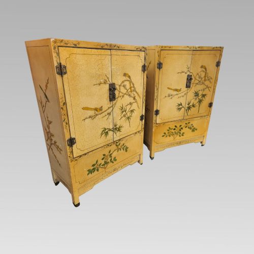 Vintage Oriental Chinese Yellow Ground Chinoiserie Bedside Tables Low Cupboards