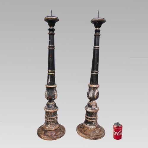 Antique 19th Black Lacquer & Gilt Italian Floor Standing Pricket Candlesticks
