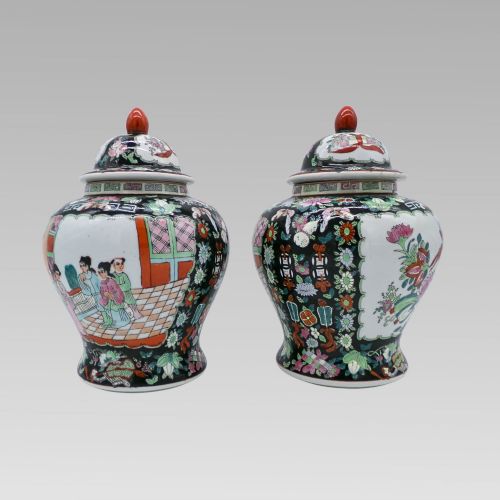 fig 1. Stunning Chinese Famille Noir Oriental Hand Painted Lidded Ginger Spice Jar Urns