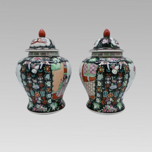 fig 2. Stunning Chinese Famille Noir Oriental Hand Painted Lidded Ginger Spice Jar Urns