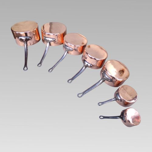 Stunning Vintage French Set of 7 Graduated Copper & Iron Cooking Saucepans Pans