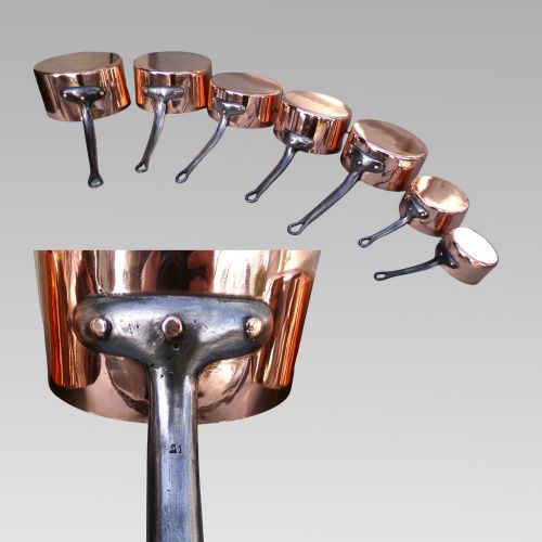 fig 1. Stunning Vintage French Set of 7 Graduated Copper & Iron Cooking Saucepans Pans