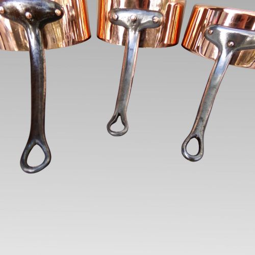 fig 3. Stunning Vintage French Set of 7 Graduated Copper & Iron Cooking Saucepans Pans