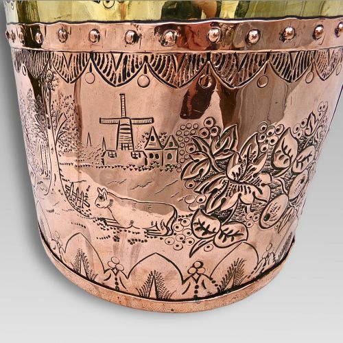 fig 1. Unusual Antique Arts & Crafts Riveted Copper & Brass Coal Fireplace Log Bucket