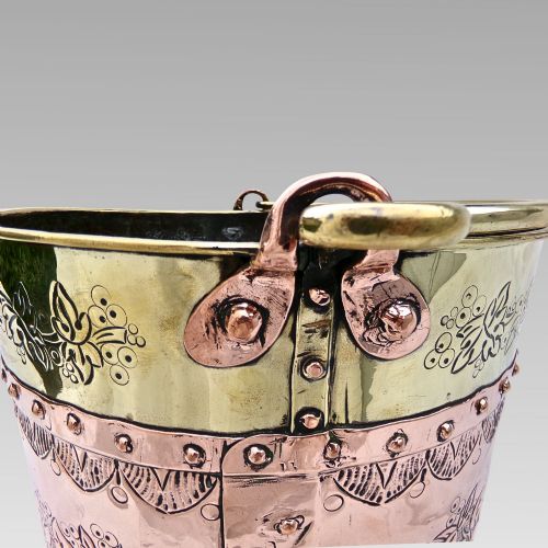 fig 2. Unusual Antique Arts & Crafts Riveted Copper & Brass Coal Fireplace Log Bucket