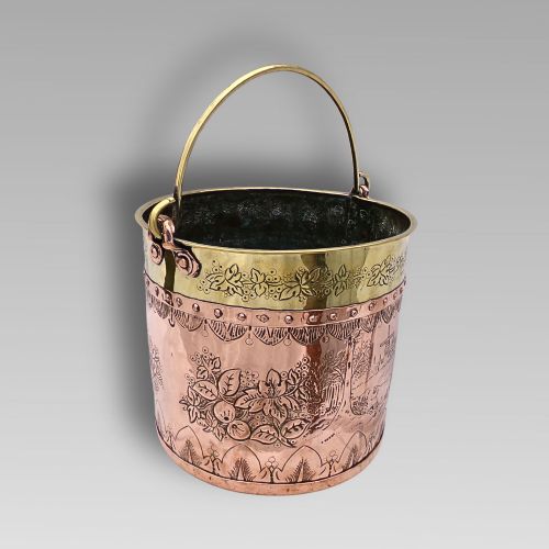 fig 3. Unusual Antique Arts & Crafts Riveted Copper & Brass Coal Fireplace Log Bucket