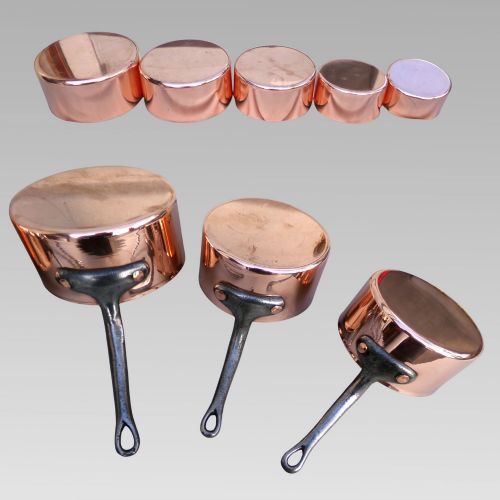 fig 1. Stunning Vintage French Set of 5 Graduated Copper & Iron Cooking Saucepans Pans