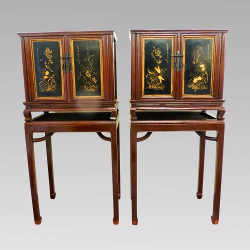 fig 1. Stunning Chinoiserie Oriental Black Lacquer Chinese Storage Cabinets on Stands